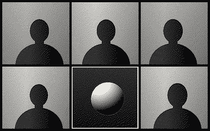 A video call with five people and Hopper, shown as a glowing orb in the highlighted tile.